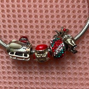 Pandora sterling silver bracelet + 4 Christmas charms beads Santa Reindeer